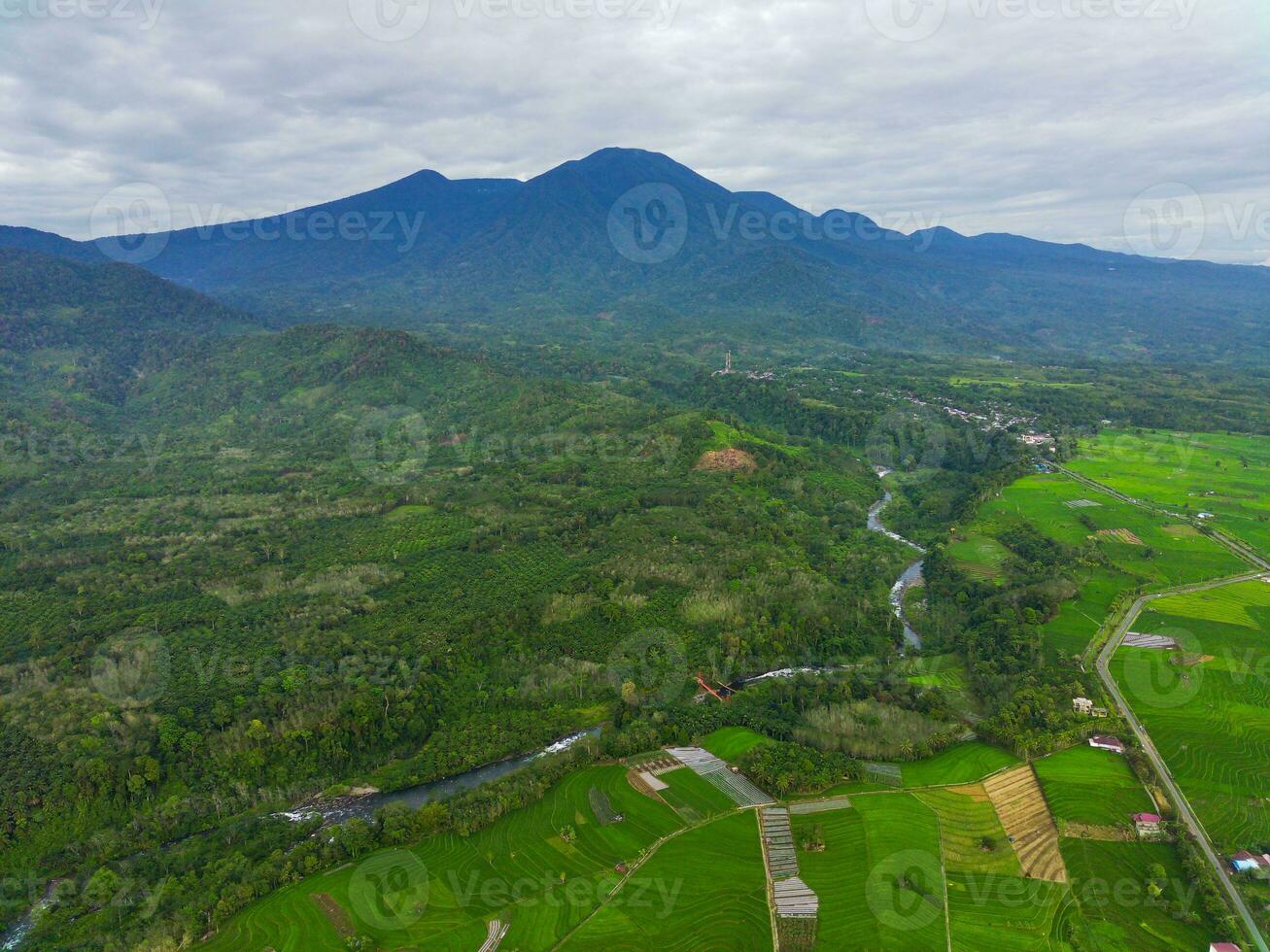 the beauty of the morning panorama with sunrise in indonesia village photo