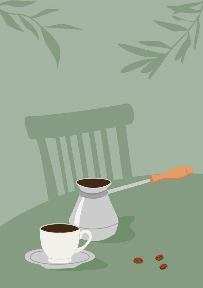 Turkish cezve pot and cup of hot freshly brewed specialty coffee. Alternative coffee brewing methods. Elegant summer scene at cafe. Vector flat style illustration.