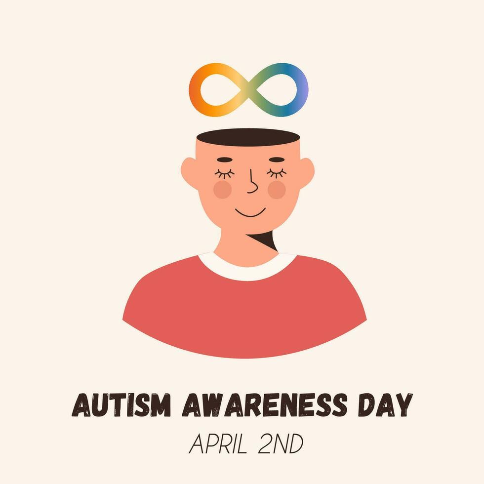 Modern poster for World Autism Awareness Day. Rainbow infinity symbol and autistic special gifted child. Trendy banner or square card with sign of ASD mental disorder. Vector flat illustration.