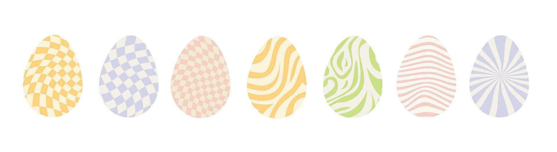 Set of decorated Easter eggs with retro groovy trippy patterns in 60s 70s style. Groovy hippie Happy Easter with distorted psychedelic design. Vector illustration isolated on white background.