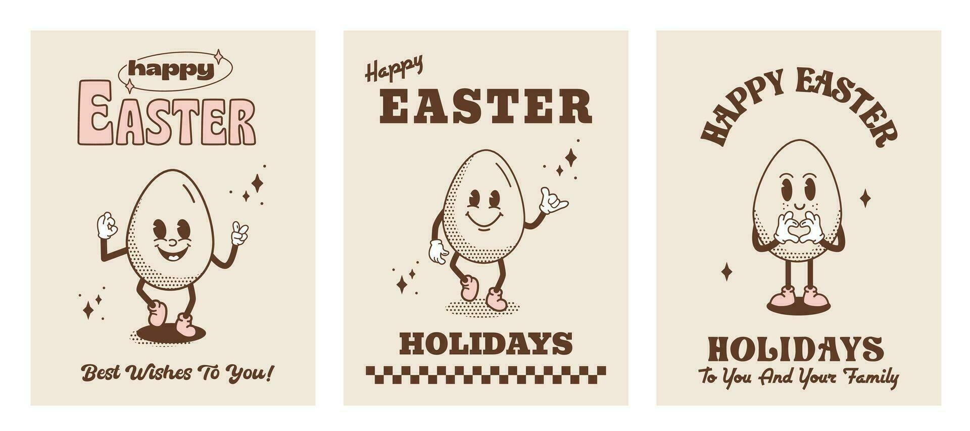 Set of Happy Easter holiday greeting card, flyer or poster in vintage hippie style. Funky retro Easter Egg cartoon characters. Quirky outline mascot comic caricature. Vector illustration.