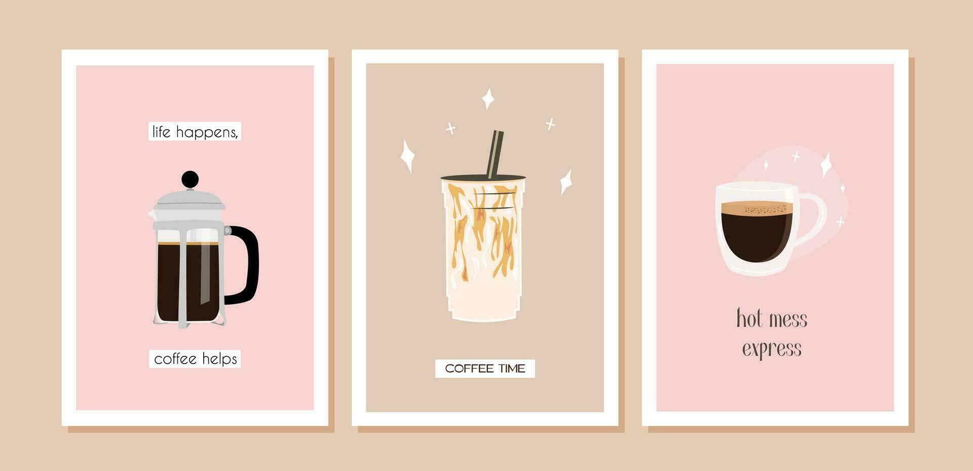 Set of funny contemporary prints with french press pot, ice coffee takeaway and espresso. Kitchen wall art poster with text. Alternative coffee brewing methods. Trendy vector flat style illustration.