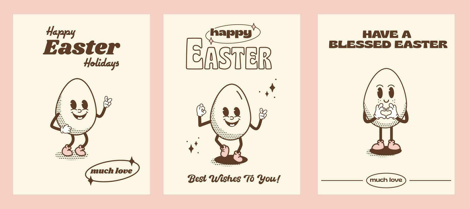 Set of Happy Easter holiday greeting card, flyer or poster in vintage hippie style. Funky retro Easter Egg cartoon characters. Quirky outline mascot comic caricature. Vector illustration.