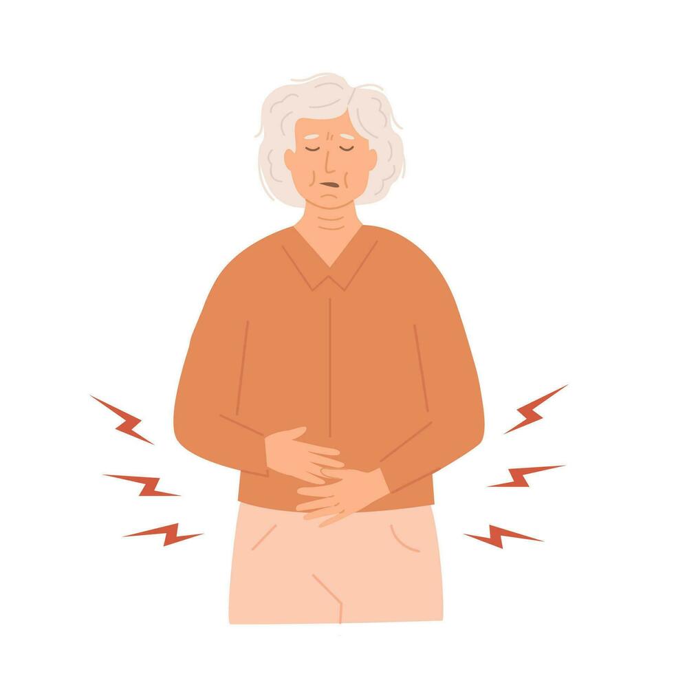 Mid age woman having an abdominal pain. Sick old lady. Senior citizen feeling unwell and holds her stomach. Stomachache, gynecological problem. Elderly patient, elderly care. Vector flat illustration.