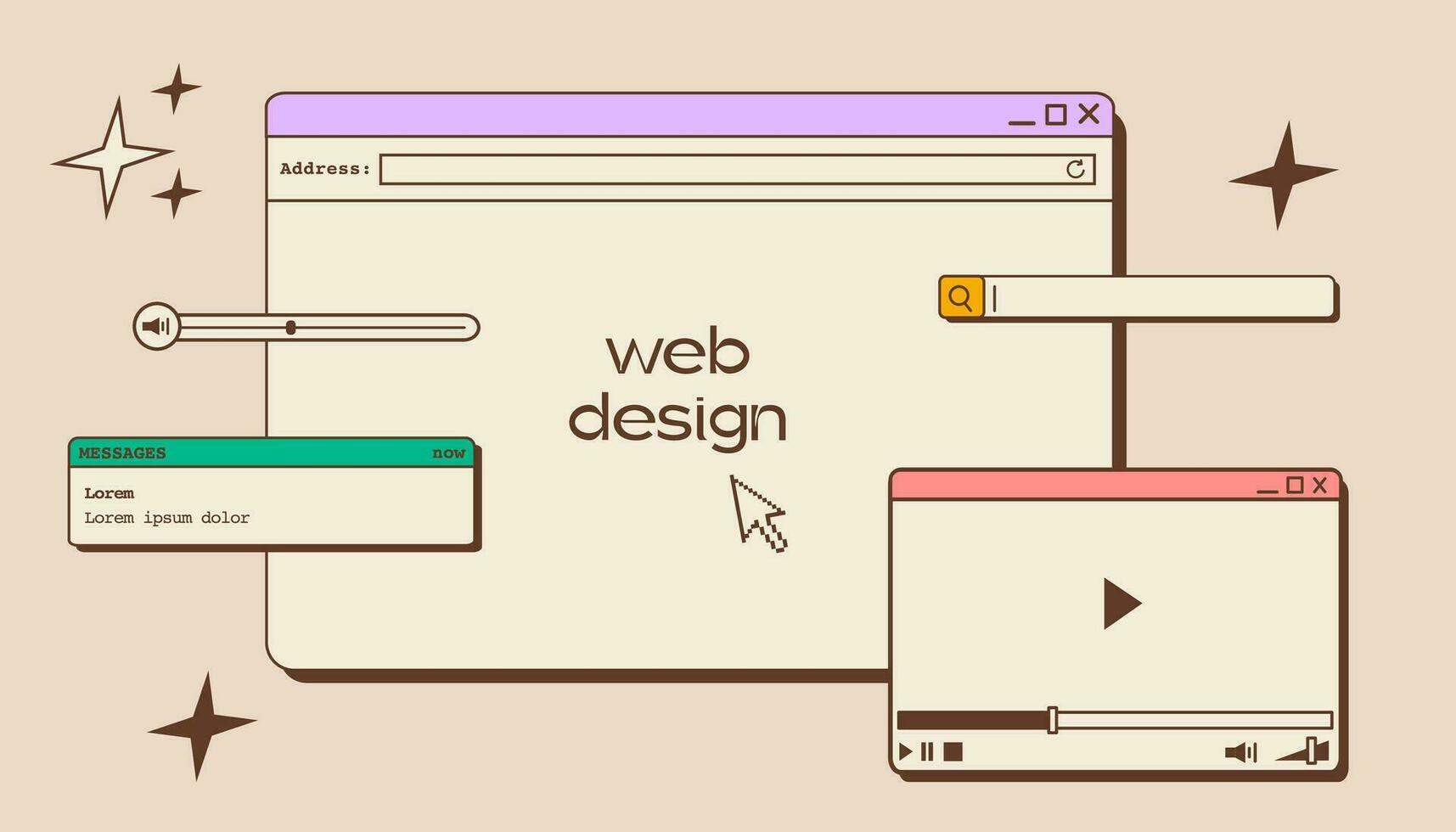 Web UI UX design. Web design concept banner in retro style. Studio prototyping or coding web page or mobile app. Online application design, coding, programming and web building. Vector illustration.