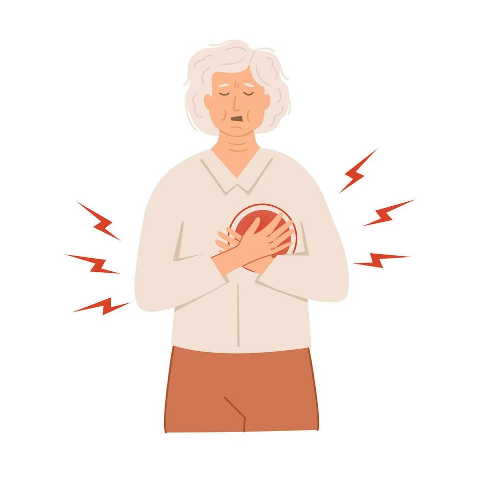 An elderly woman with heart attack symptoms. A person with hands on his chest experiencing cardiac distress. Medical patient having stroke. Vector illustration isolated on white background.