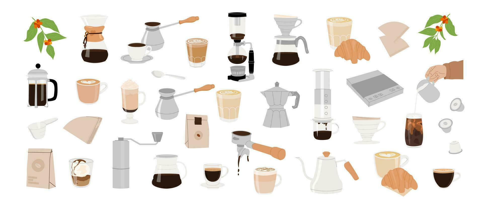 Collection of coffee equipment for manual brew methods isolated vector cliparts. Hand drawn illustrations for coffee shop. Different type of coffee cups, pour over, french press, aeropress, siphon.