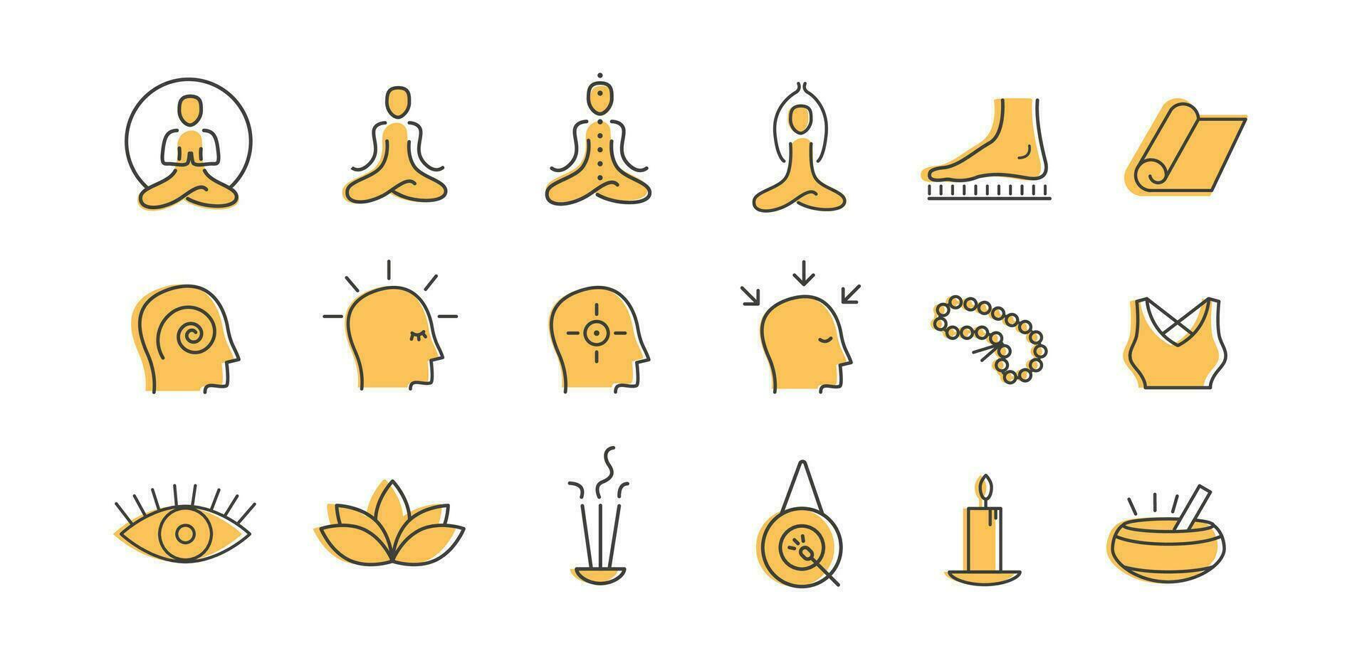 Yoga vector set. Outline colored icon collection for yoga studio, buddhist retreat, spiritual practice or Vipassana meditation. Sadhu board. Head with different mental state.