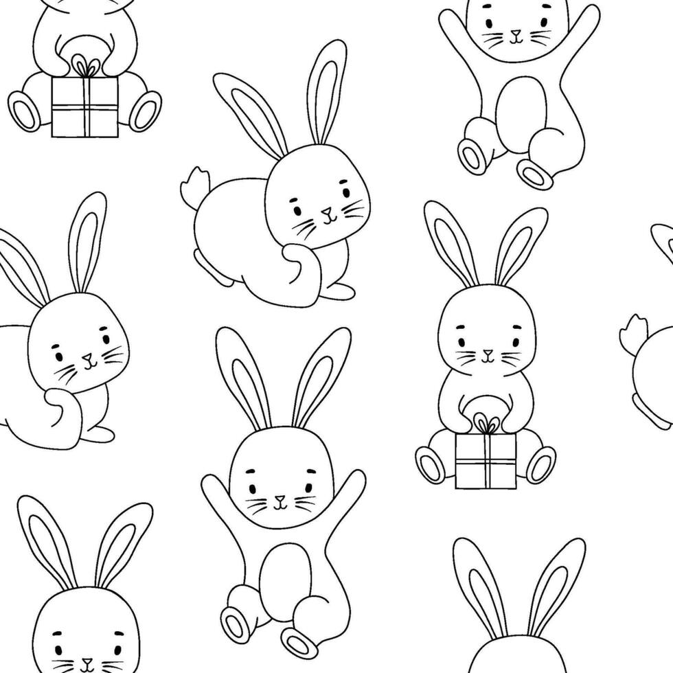 Seamless line monochrome pattern with cute bunny character. Funny rabbit on white background vector
