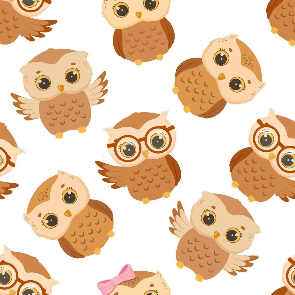 Seamless vector pattern with cute baby owl with glasses. Hand drawn character forest bird isolated on white background. Woodland pattern for children and newborn fabric.