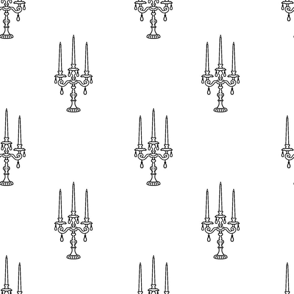 Seamless pattern with three armed candelabrum or candle holder. Vector classic antique candlestick on white background