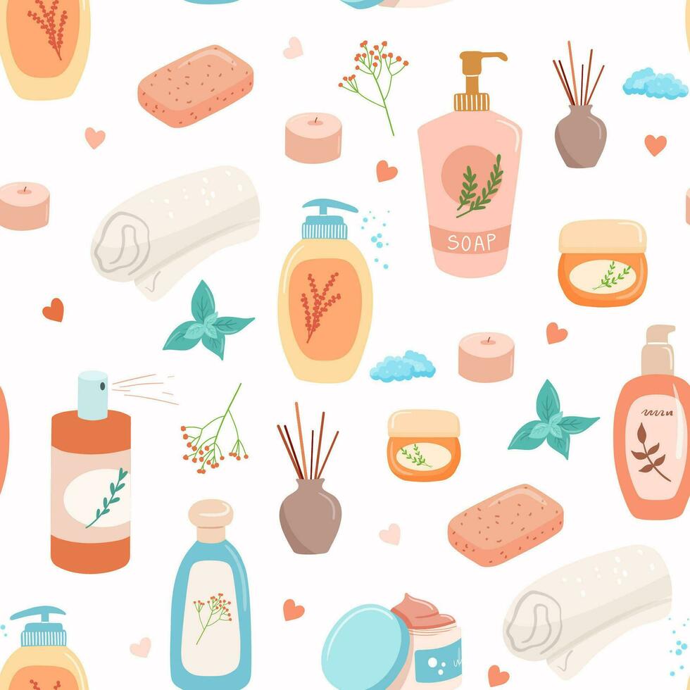 Seamless pattern with skin care products flat cartoon illustrations, body lotion, face toner and cream. Vector cosmetic objects in tube with leaves on white background