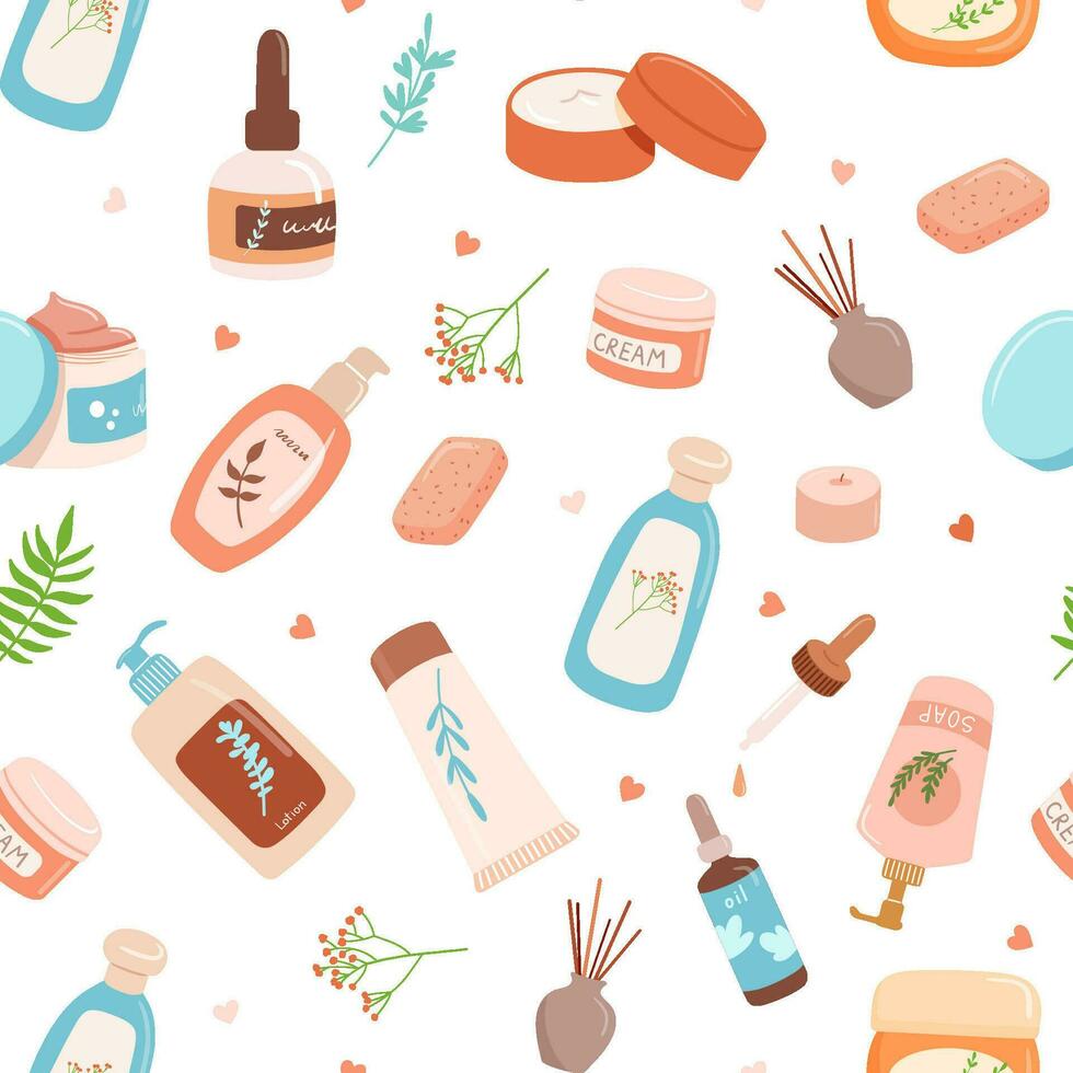 Seamless pattern with skin care products flat cartoon illustrations, body lotion, face toner and cream. Vector cosmetic objects in tube with leaves on white background