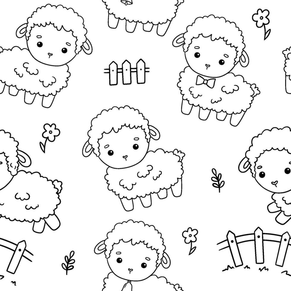 Seamless monochrome pattern with cute outline lamb. Hand drawn illustration sheep on white background. Funny Farm animal for childish fabric vector