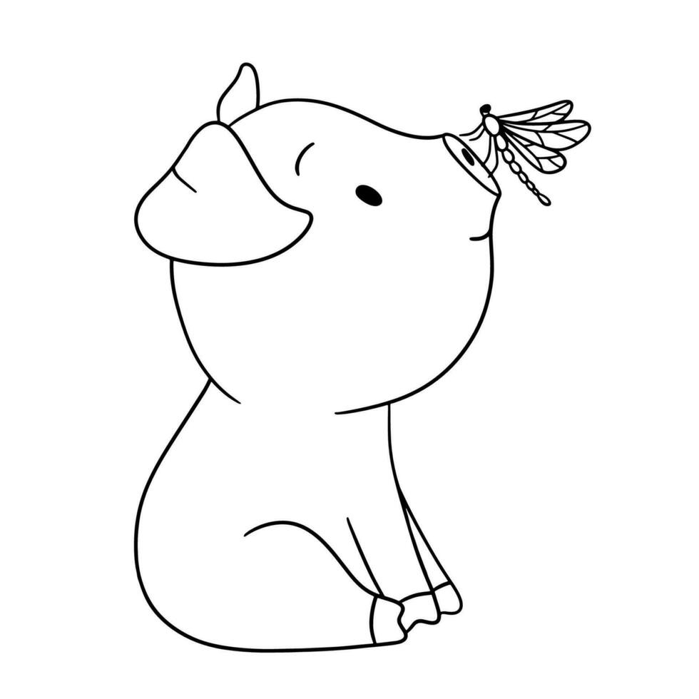 Cute outline piglet character with dragonfly. Hand drawn illustration isolated on white background. Funny Farm animal for coloring book vector