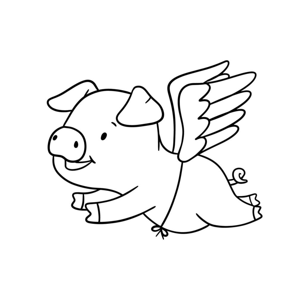 Cute outline piglet character with wings. Hand drawn illustration isolated on white background. Funny Farm animal for coloring book vector