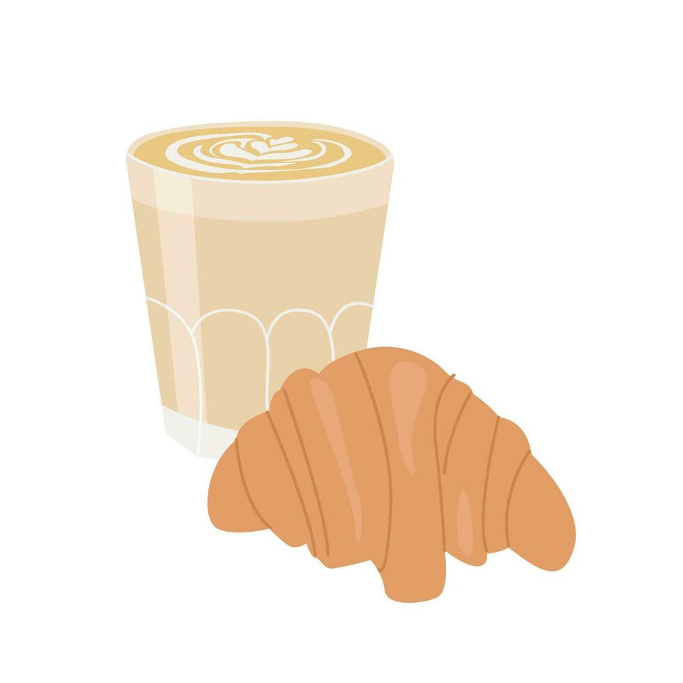 Hot fresh latte in transparent glass and croissant. Cup of brown arabic milk coffee with foam cappuccino art on top. French breakfast composition. Colored flat vector illustration isolated on white.