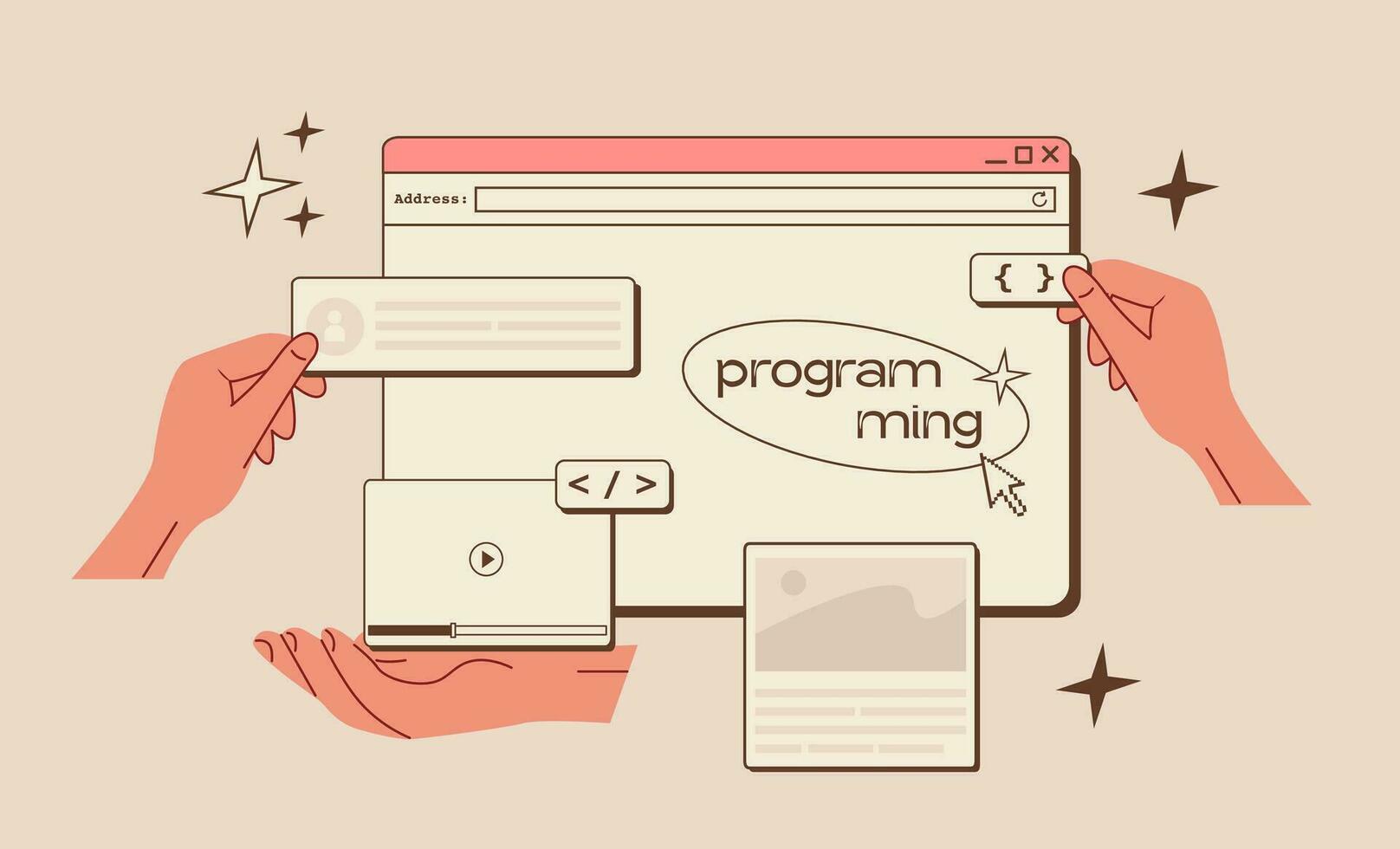 Team of programmers and designers working on website development. Software developer or code testing concept in trendy retro colors. Script coding, web ui ux design. Vector flat illustration.