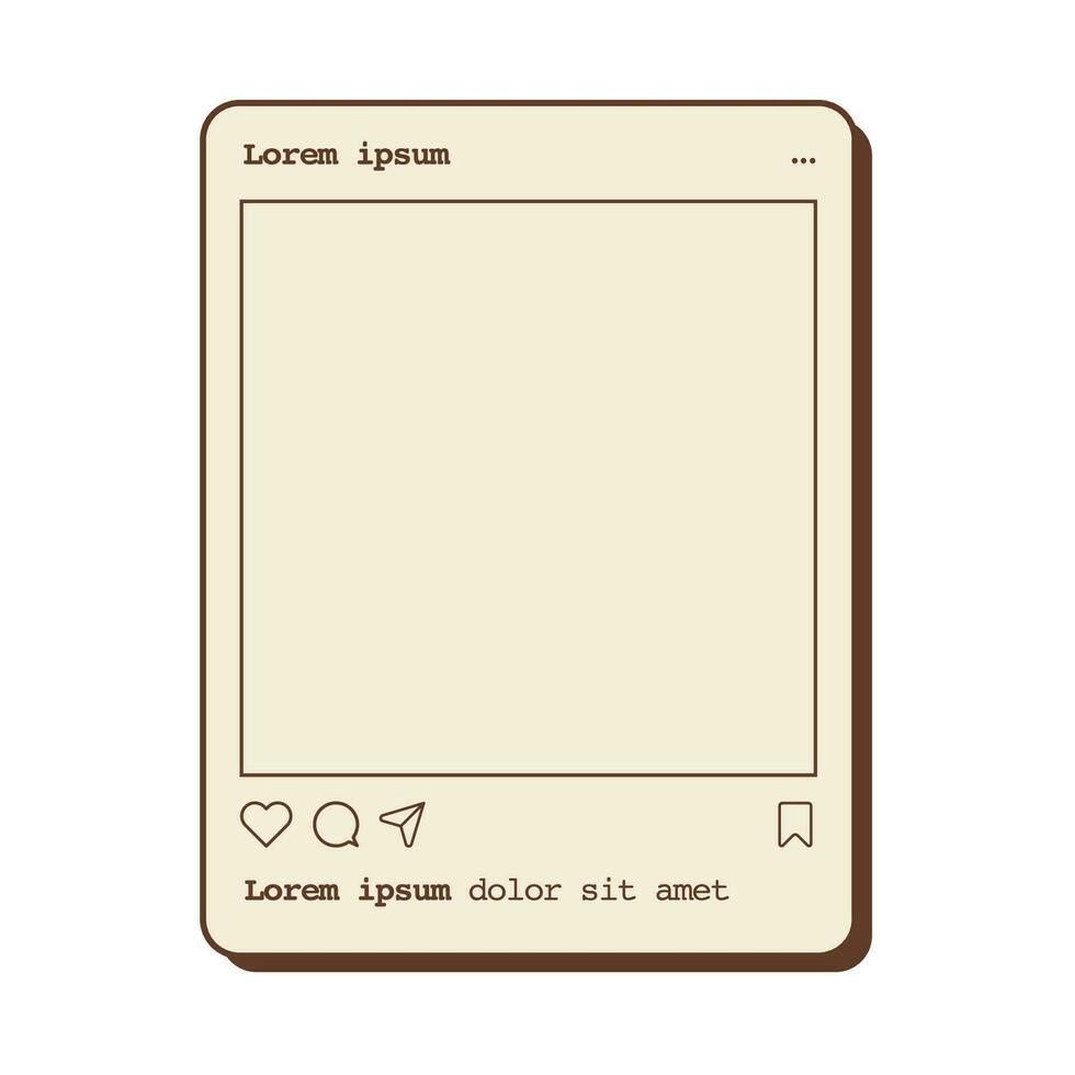 Social media photo frame template with place for text. Camera app with retro aesthetic design. Picture post with like, share and comment icon. Vintage camera preset application. Vector illustration.
