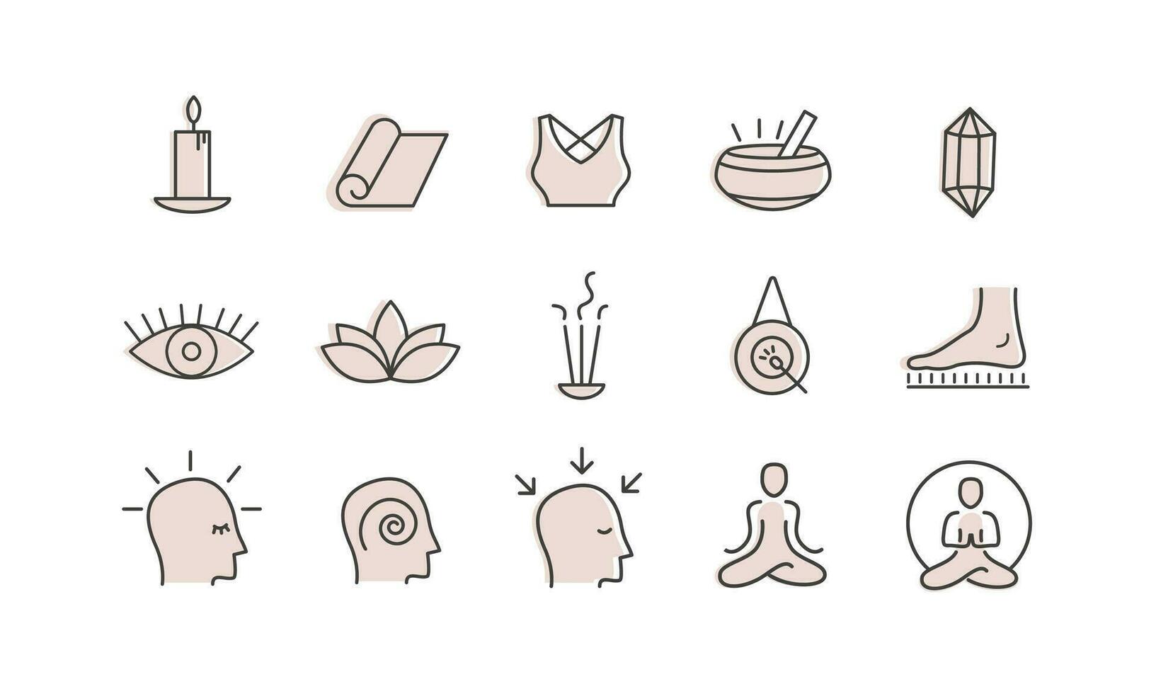Yoga vector set. Outline colored icon collection for yoga studio, buddhist retreat, spiritual practice or Vipassana meditation. Sadhu board. Head with different mental state.