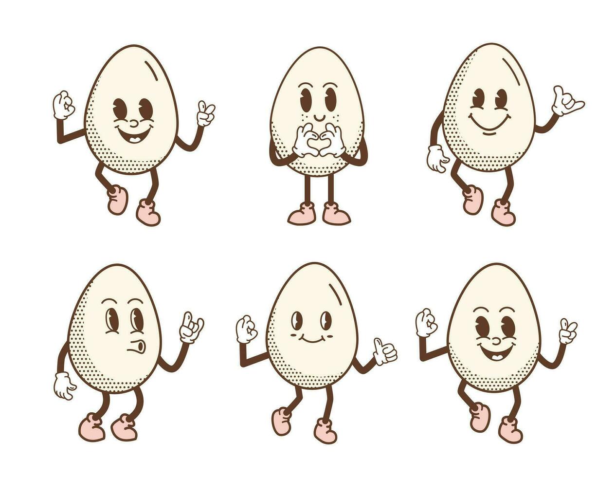 Retro cartoon smiling egg mascot character walking jumping and standing. Retro Easter Egg with halftone pattern with different face emotions. Vector illustration for t-shirt print or poster design.