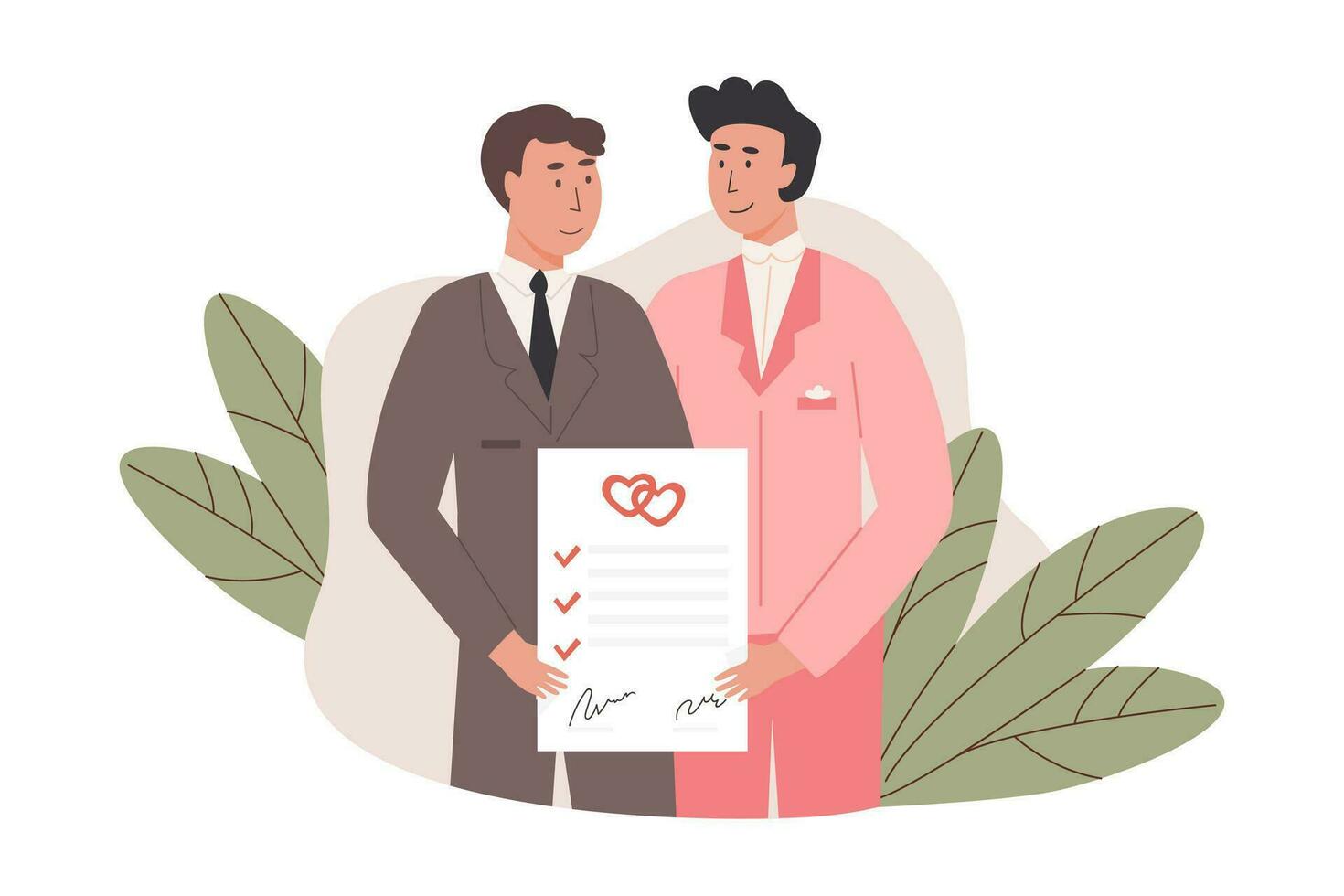 A cute male couple in suit holding signed marriage certificate. Happy married gay men with prenup document. Newlywed LGBTQ husbands. Romantic same sex marriage of love partners. Vector illustration.
