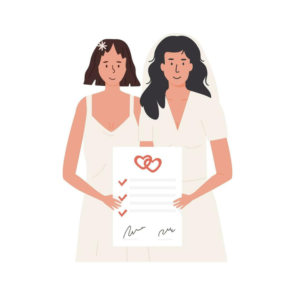 A cute female couple in wedding dress holding signed marriage certificate. Married lesbian women. Newlywed LGBTQ brides or wifes. Romantic same sex marriage of love partners. Vector illustration.