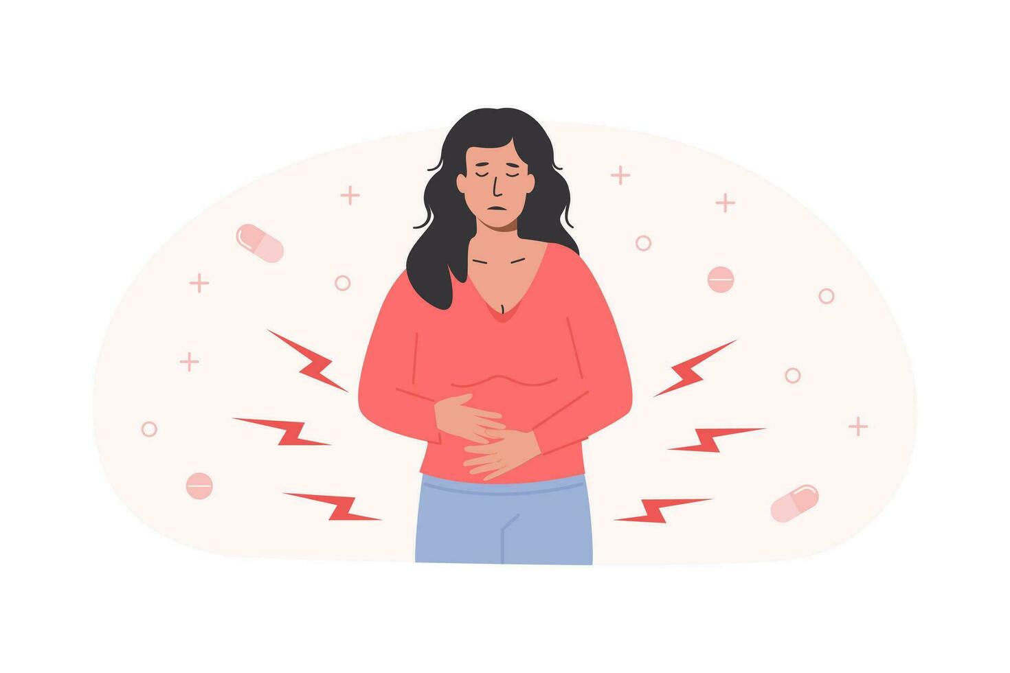Painful menstruation concept trendy flat illustration. Uterus inflammation, endometriosis. Young female having an abdominal pain composition with menstrual calendar. Monthly women cycle. Gynecology. vector