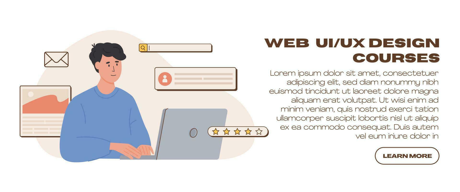 Young happy web UI UX designer working on laptop. Freelancer at work creating content. Website development. Online business, internet marketing, communication. Content manager. Vector illustration.
