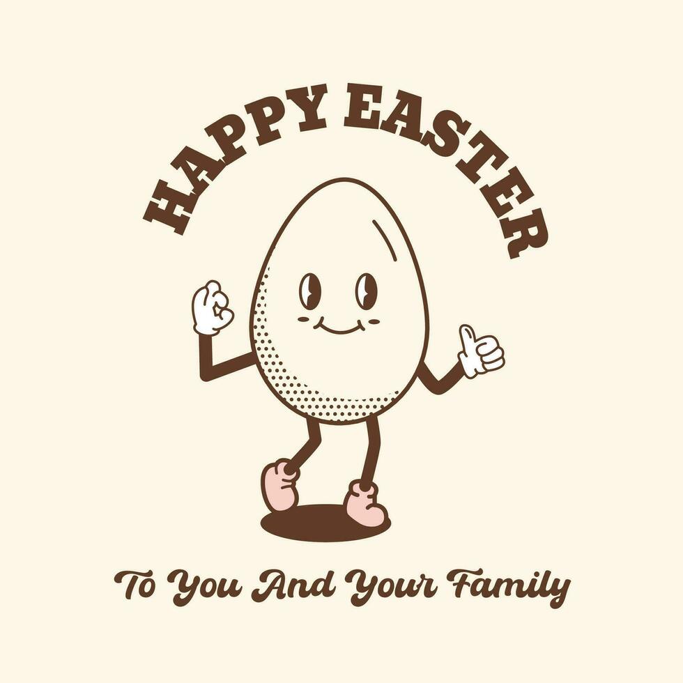 Funky retro banner with walking Easter Egg character. Happy Easter greeting card in vintage nostalgic groovy style. Quirky outline mascot for holiday. Social media square template. Vector illustration