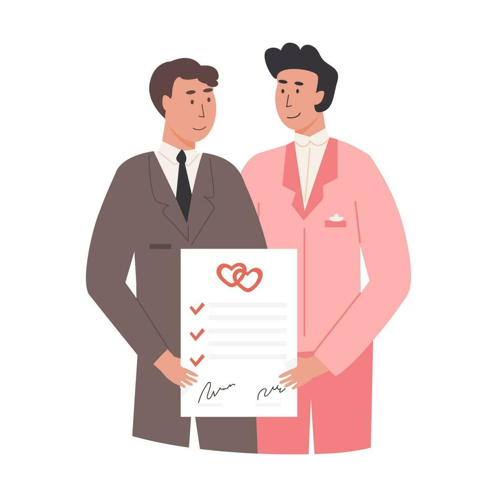 A cute male couple in suit holding signed marriage certificate. Happy married gay men with prenup document. Newlywed LGBTQ husbands. Romantic same sex marriage of love partners. Vector illustration.