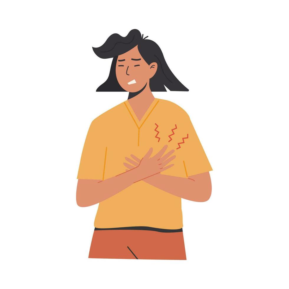 Young woman with heart pain touching her chest. Cardiac Distress. A person experiencing a heart attack. Medical patient with stroke. Vector illustration isolated on white background.