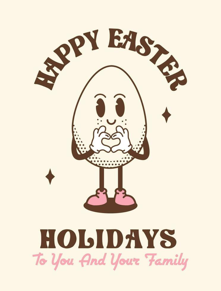 Funky retro Easter Egg walking and smiling. Happy Easter greeting card or poster in vintage groovy style. Quirky outline mascot character with halftone shadow for spring holiday. Vector illustration.