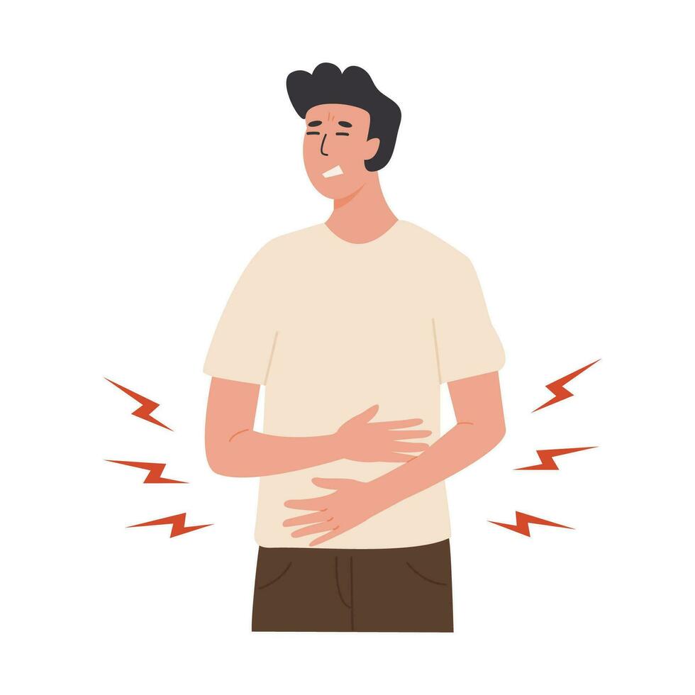 Man suffering from stomach ache and holding his hands on belly. Young male with abdominal pain. Cramps, stomachache, problem with digestion, tummy discomfort. Colored isolated vector illustration.