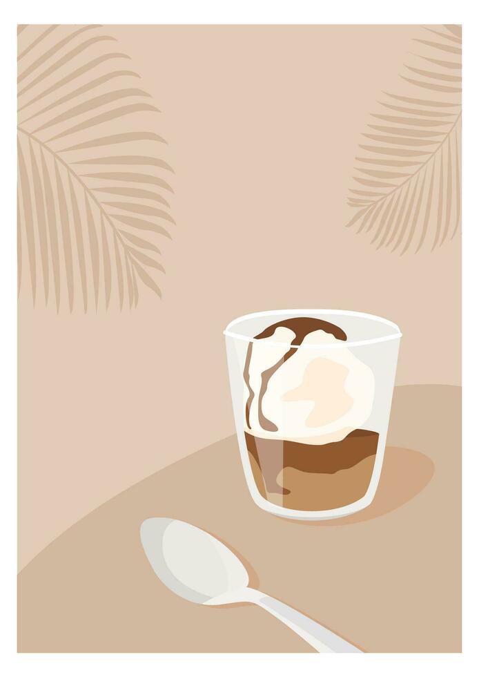 Affogato coffee in transparent glass cup wall art. Italian dessert with scoop of gelato or ice cream topped with a shot of hot espresso. Minimalist trendy vertical poster. Flat vector illustration.