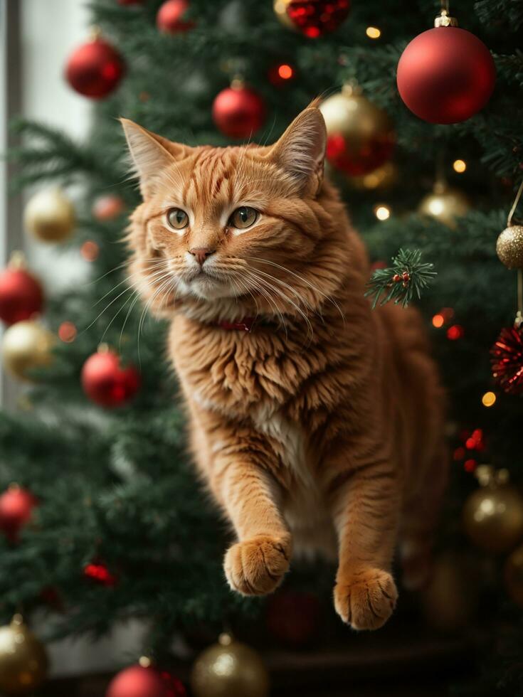 ai generado rojo gato saltando en el Navidad árbol, juguetón rojo gato, nuevo años estado animico foto