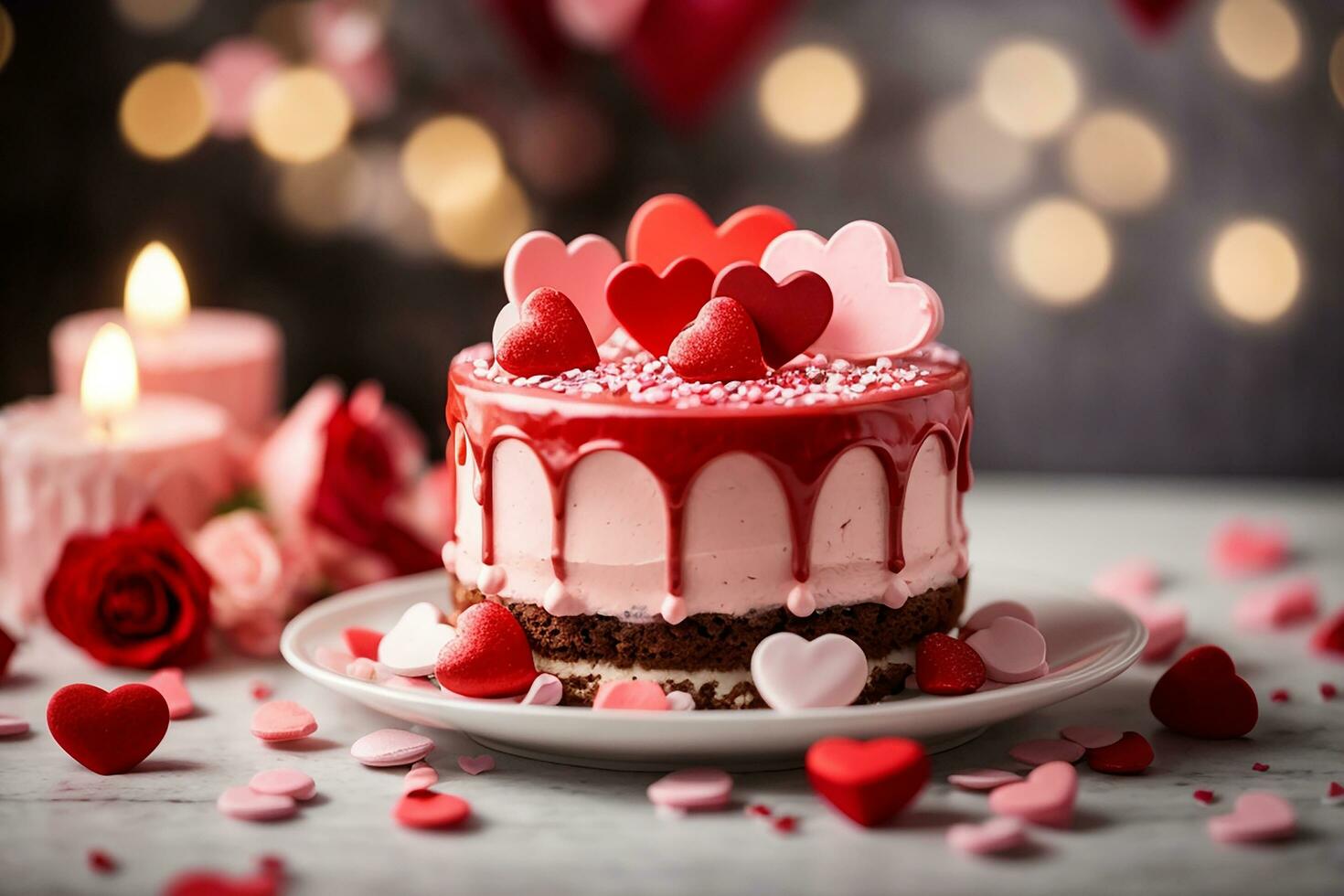 ai generado San Valentín día pastel con corazones y golosinas en un antecedentes con bokeh foto