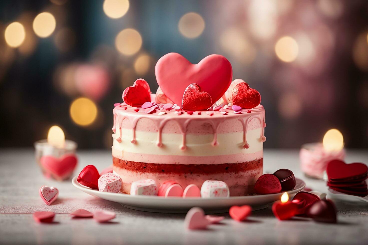 AI generated Valentine's day cake with hearts and candies on a background with bokeh photo