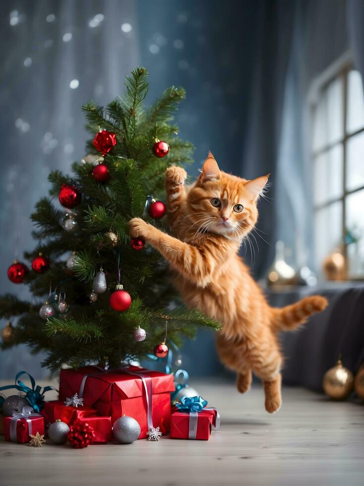 ai generado rojo gato saltando en el Navidad árbol, juguetón rojo gato, nuevo años estado animico foto