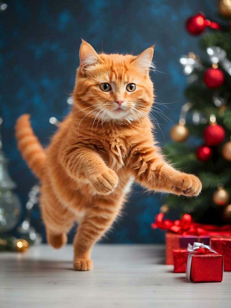 ai generado rojo gato saltando en el Navidad árbol, juguetón rojo gato, nuevo años estado animico foto