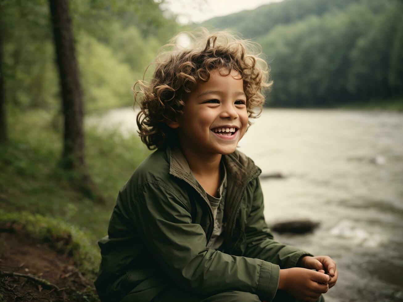 ai generado niño se ríe sentado en naturaleza, bosque, río, emociones, Rizado niño, chico foto