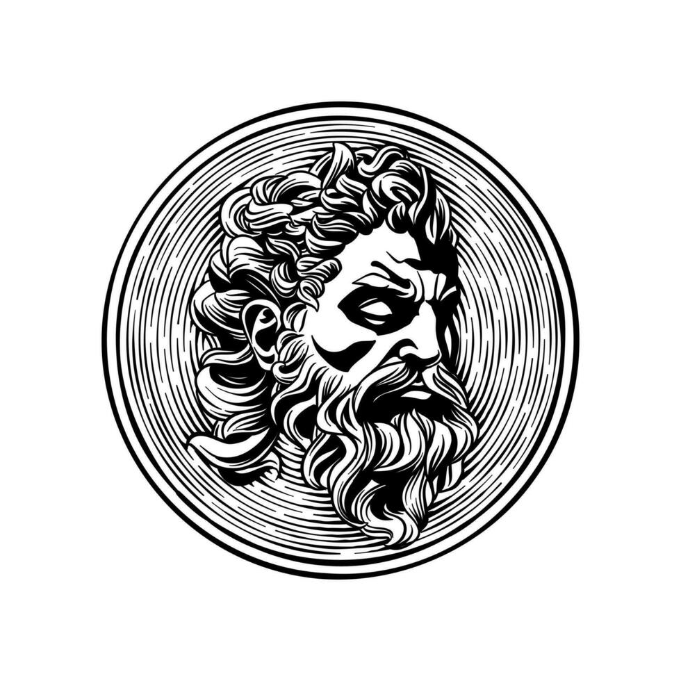 Black and white illustration of Zeus coin vector