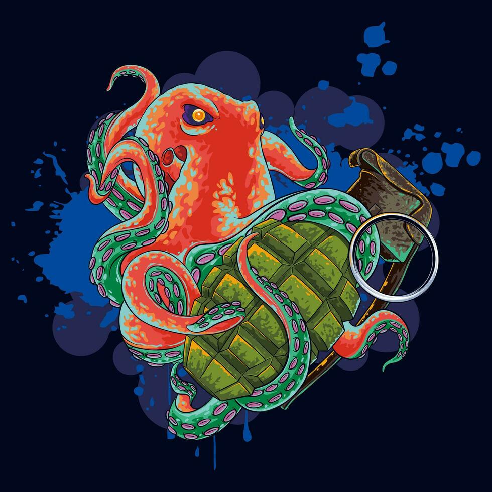 illustration of an octopus carrying a grenade ready to explode vector