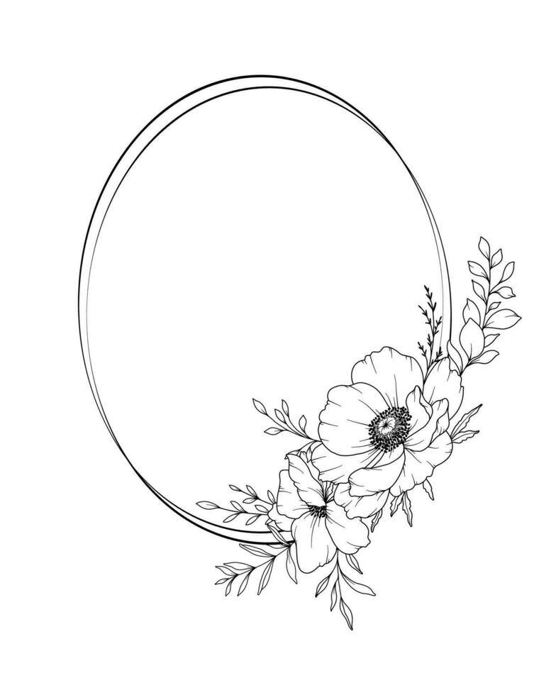 Spring Flowers Line Drawing. Black and white Floral Frames. Floral Line Art. Fine Line Flowers illustration. Hand Drawn Outline flowers. Botanical Coloring Page. Wedding invitation flowers vector