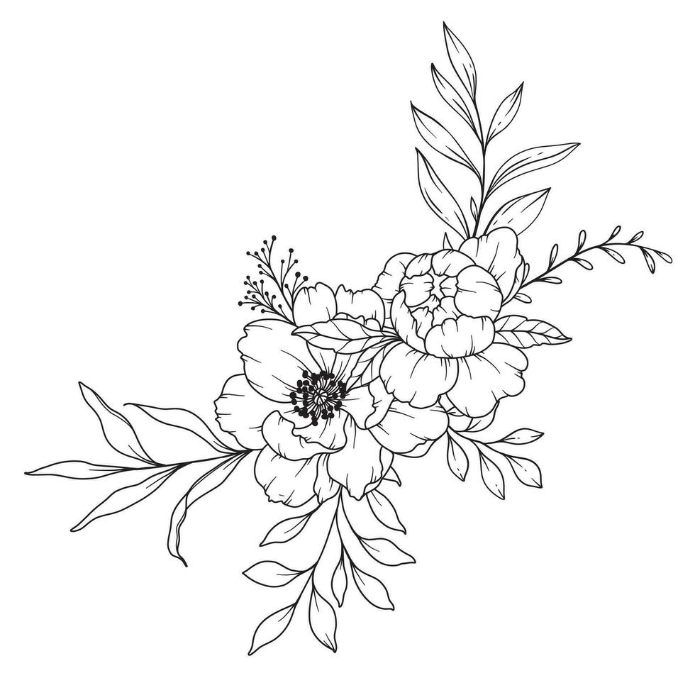 Peony Line Drawing. Black and white Floral Bouquets. Flower Coloring Page. Floral Line Art. Fine Line Peony illustration. Hand Drawn flowers. Botanical Coloring. Wedding invitation flowers vector