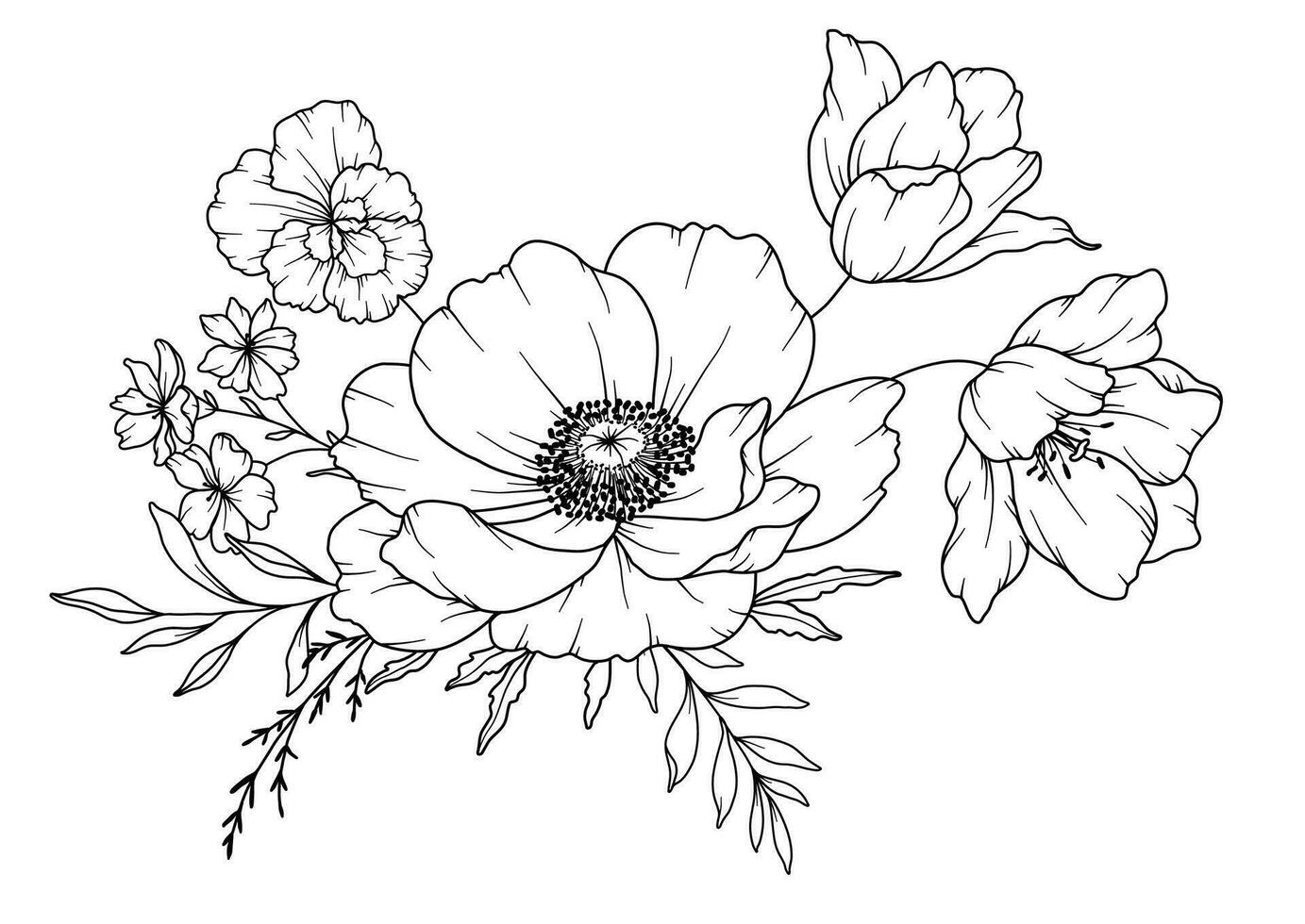 Spring Flowers Line Drawing. Black and white Floral Bouquets. Flower Coloring Page. Floral Line Art. Fine Line Flowers illustration. Hand Drawn flowers. Botanical Coloring. Wedding invitation flowers vector