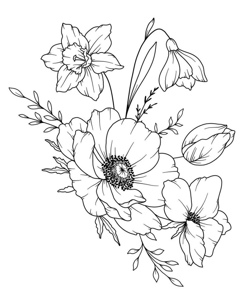 Spring Flowers Line Drawing. Black and white Floral Bouquets. Flower Coloring Page. Floral Line Art. Fine Line Flowers illustration. Hand Drawn flowers. Botanical Coloring. Wedding invitation flowers vector