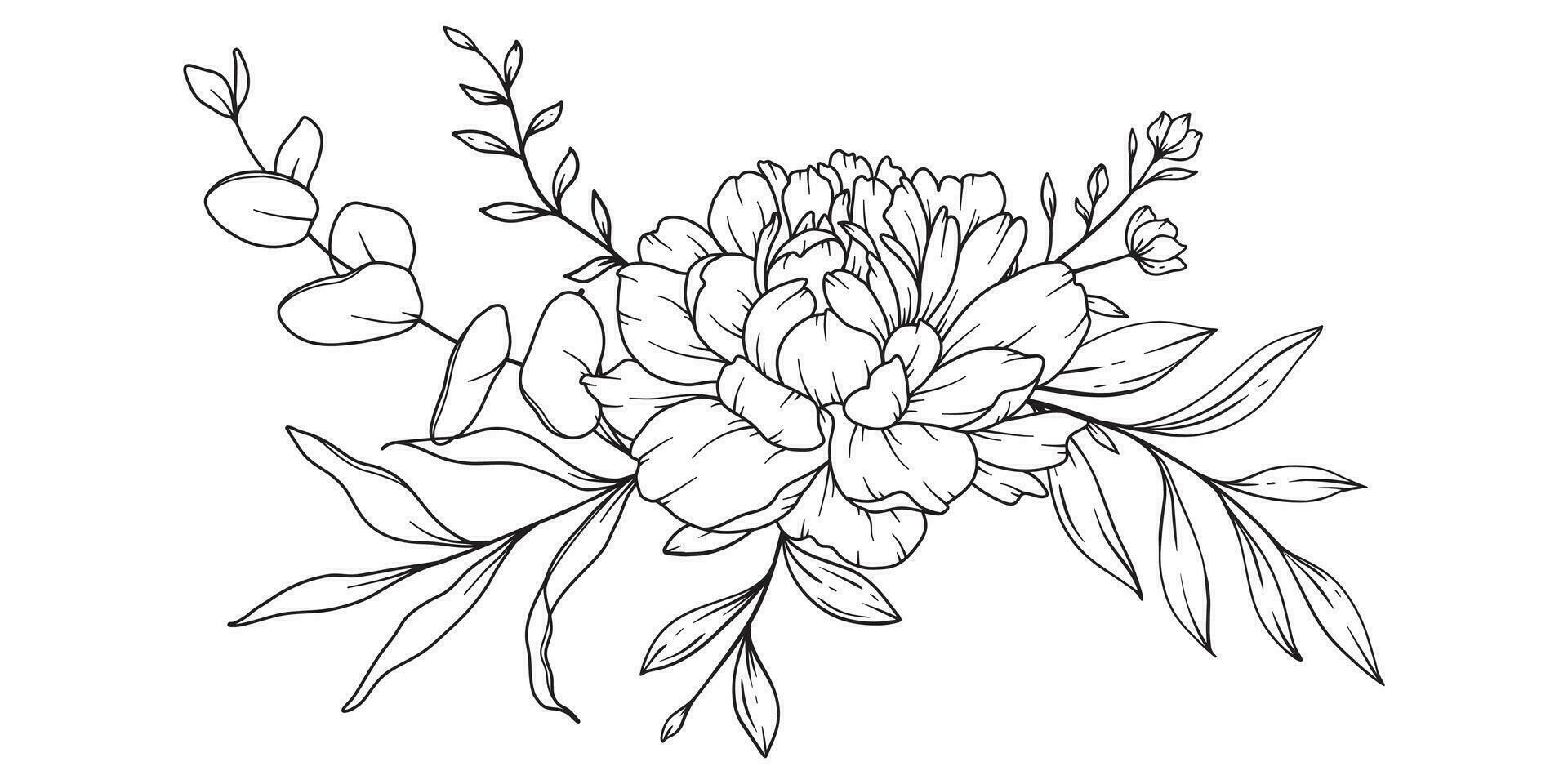 Peony Line Drawing. Black and white Floral Bouquets. Flower Coloring Page. Floral Line Art. Fine Line Peony illustration. Hand Drawn flowers. Botanical Coloring. Wedding invitation flowers vector