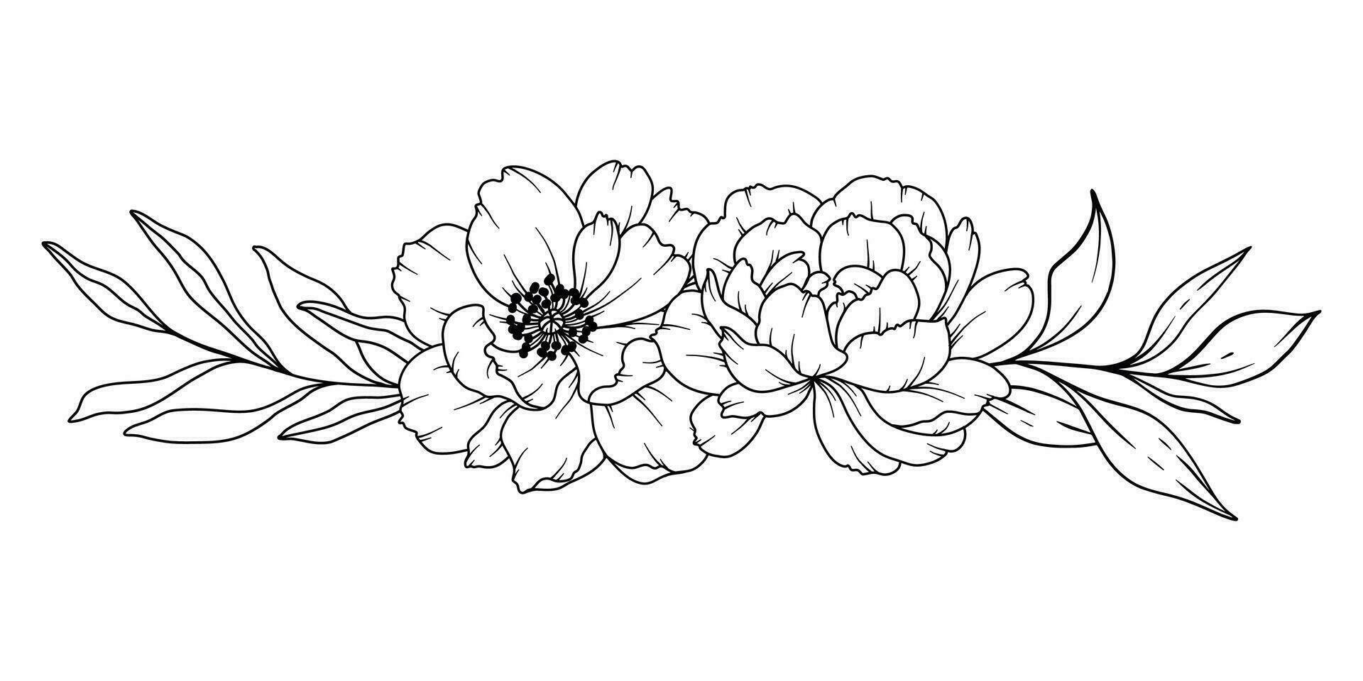 Peony Line Drawing. Black and white Floral Bouquets. Flower Coloring Page. Floral Line Art. Fine Line Peony illustration. Hand Drawn flowers. Botanical Coloring. Wedding invitation flowers vector