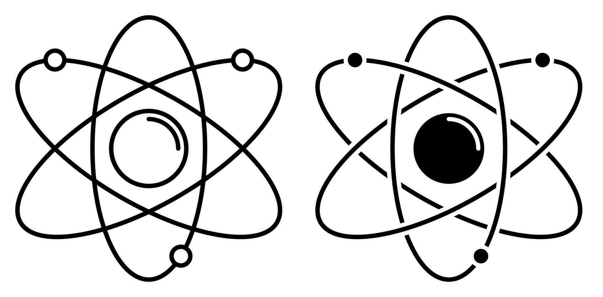 Atom icon. Electrons revolve around proton in orbits. School education in physics. Nuclear power. Simple black and white vector